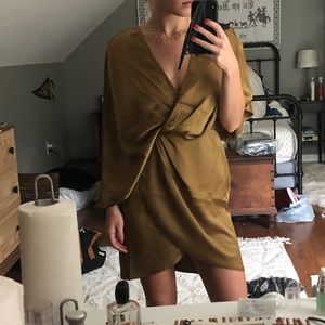 Gold, mustard colored backless satin dress